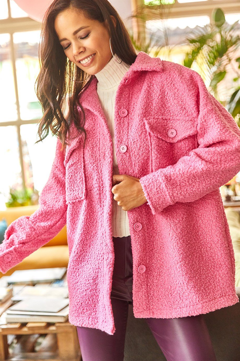 Çift Cepli Düğmeli Astarsız Buklet Ceket Şeker Pembe