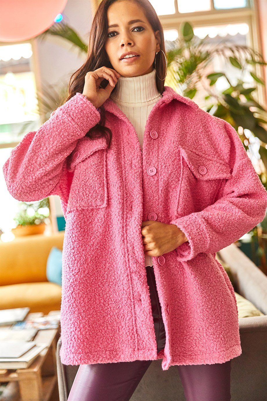 Çift Cepli Düğmeli Astarsız Buklet Ceket Şeker Pembe