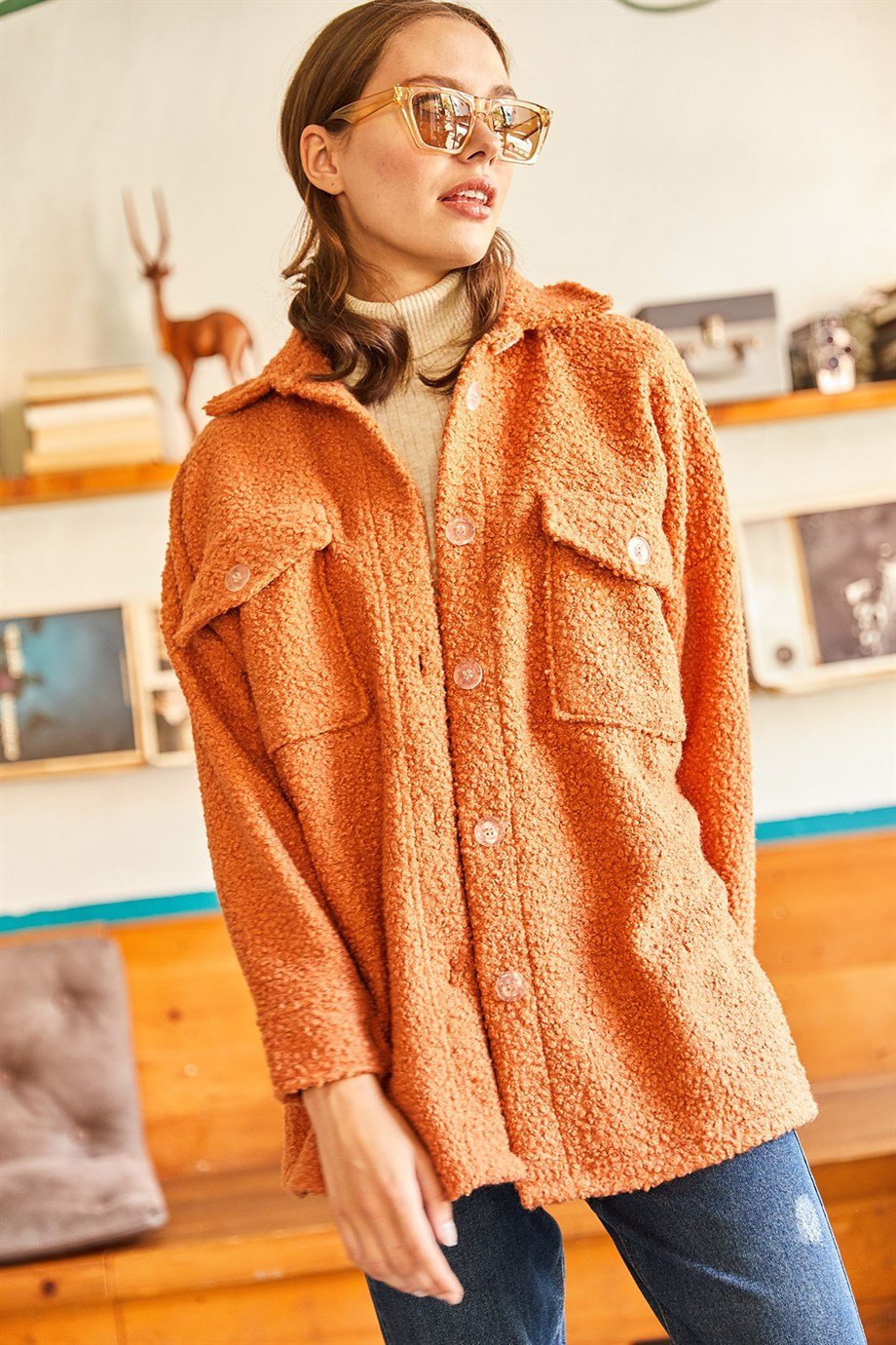 Çift Cepli Düğmeli Astarsız Buklet Ceket Kiremit