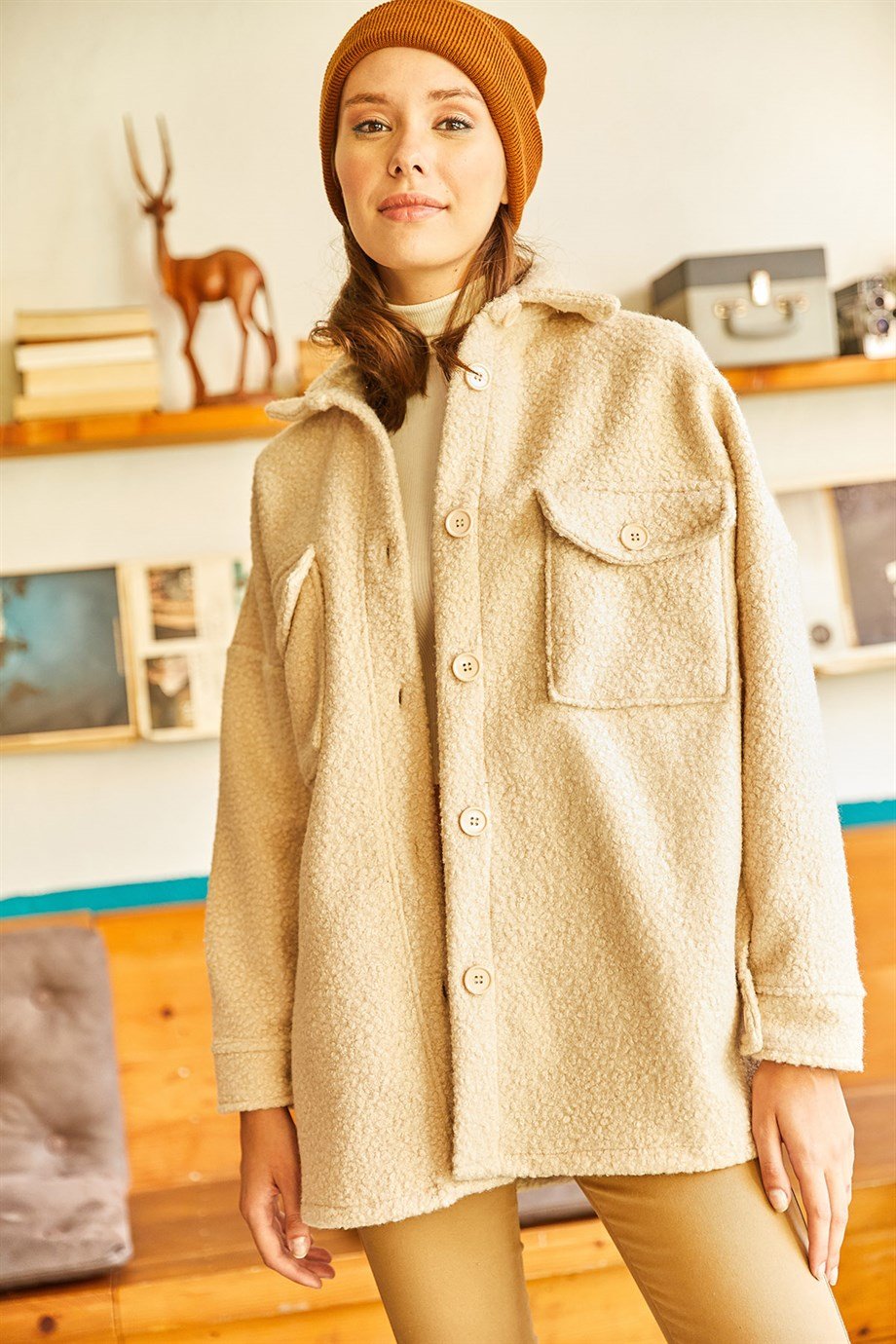 Çift Cepli Düğmeli Astarsız Buklet Ceket Taş