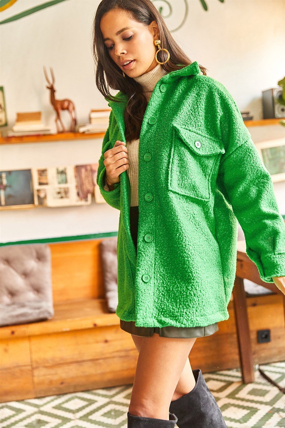 Çift Cepli Düğmeli Astarsız Buklet Ceket Çimen Yeşili