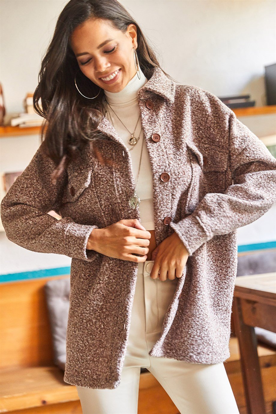 Çift Cepli Düğmeli Astarsız Buklet Ceket Kahverengi