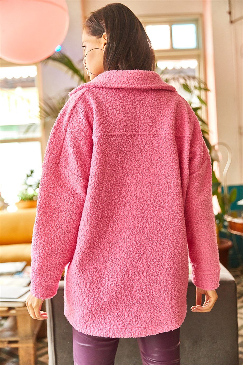 Çift Cepli Düğmeli Astarsız Buklet Ceket Şeker Pembe