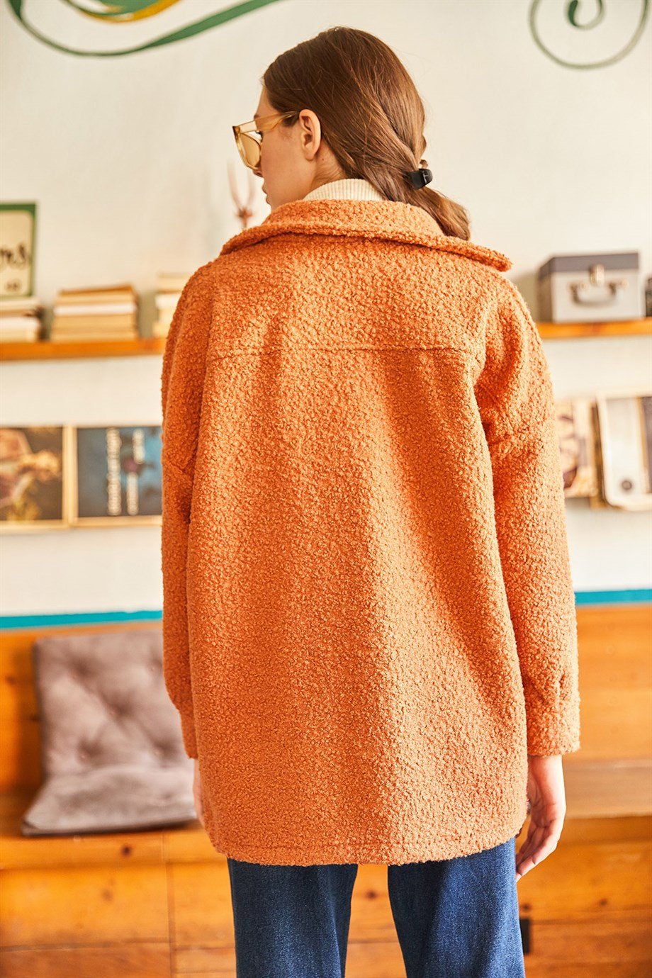 Çift Cepli Düğmeli Astarsız Buklet Ceket Kiremit