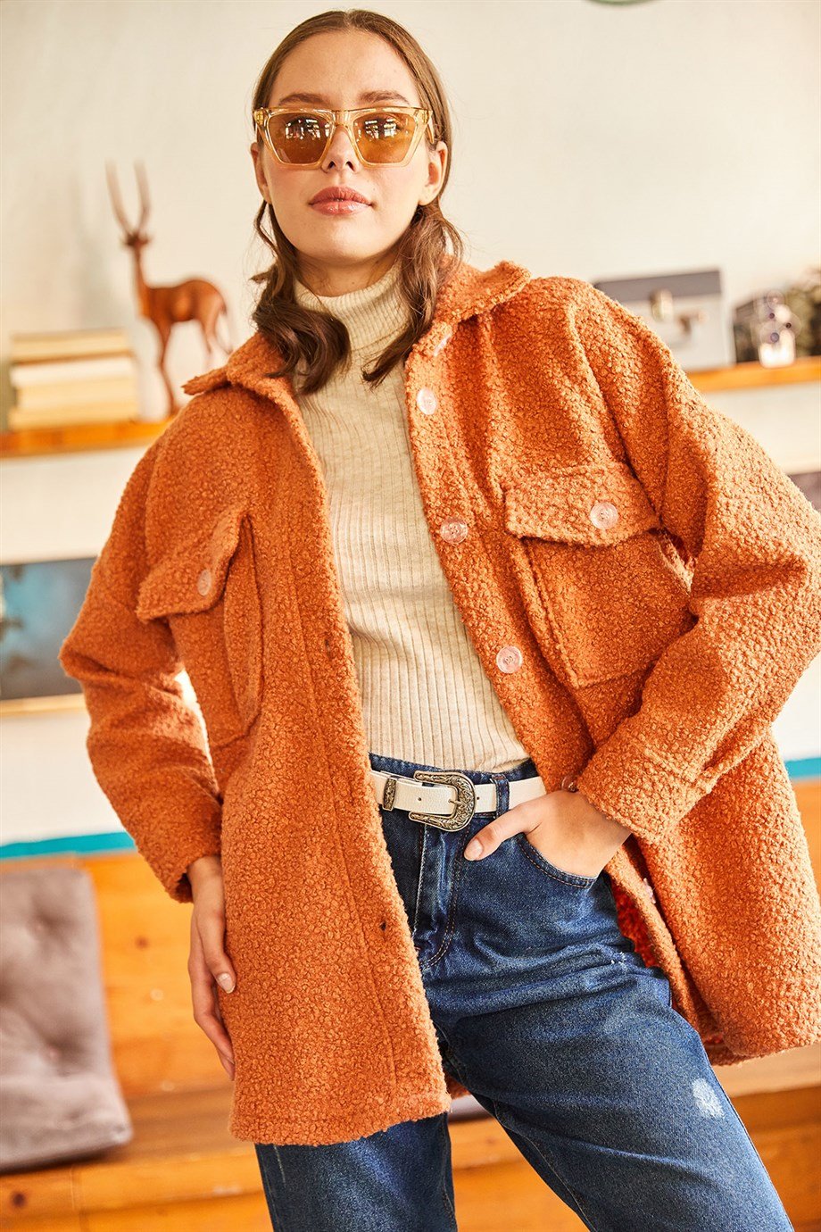 Çift Cepli Düğmeli Astarsız Buklet Ceket Kiremit