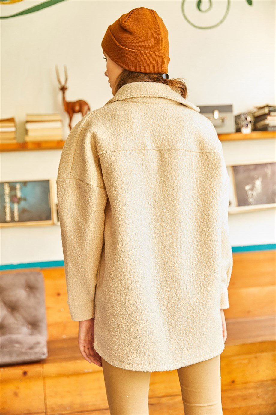 Çift Cepli Düğmeli Astarsız Buklet Ceket Taş