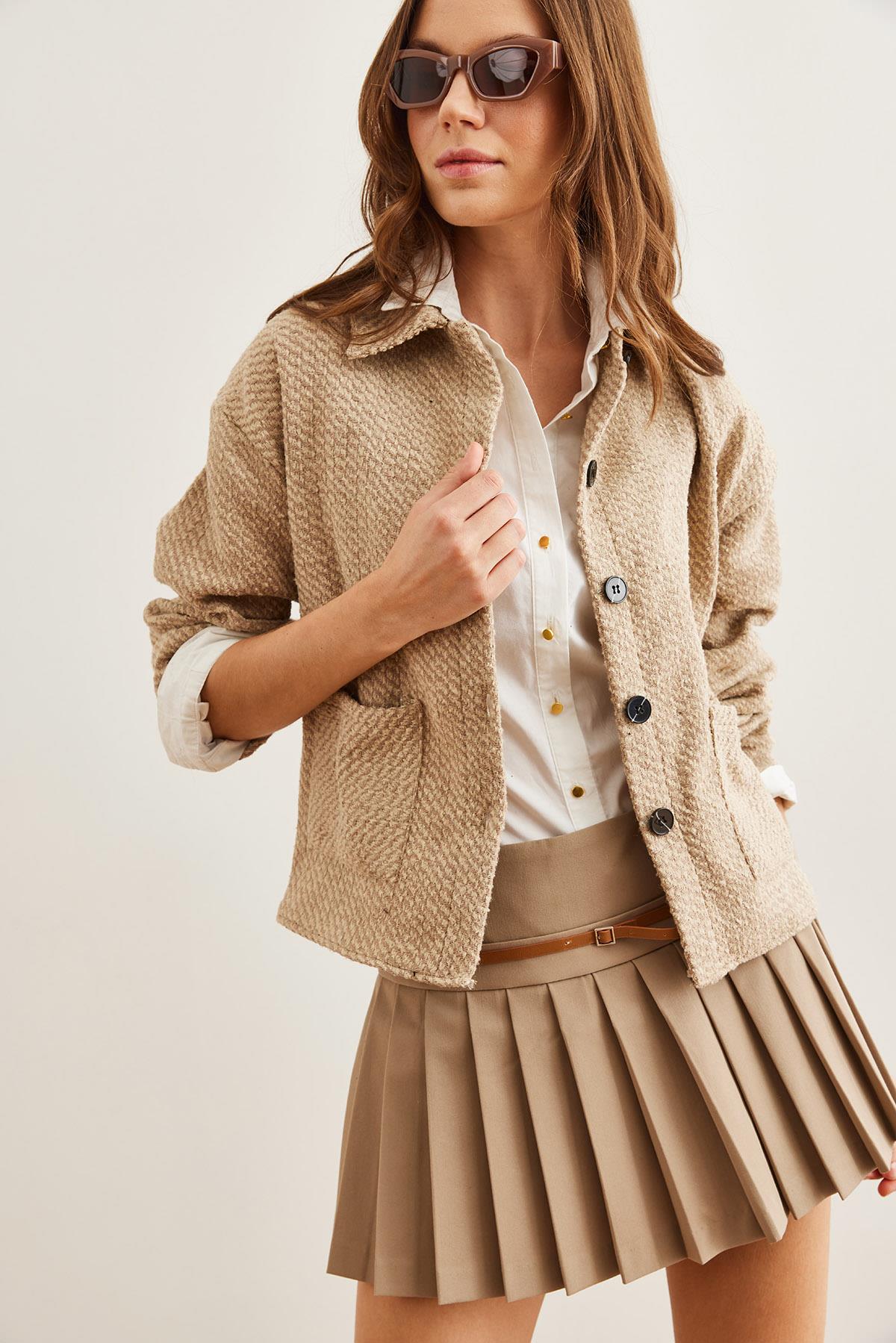 Çift Cepli Kaşe Astarsız Ceket Bej