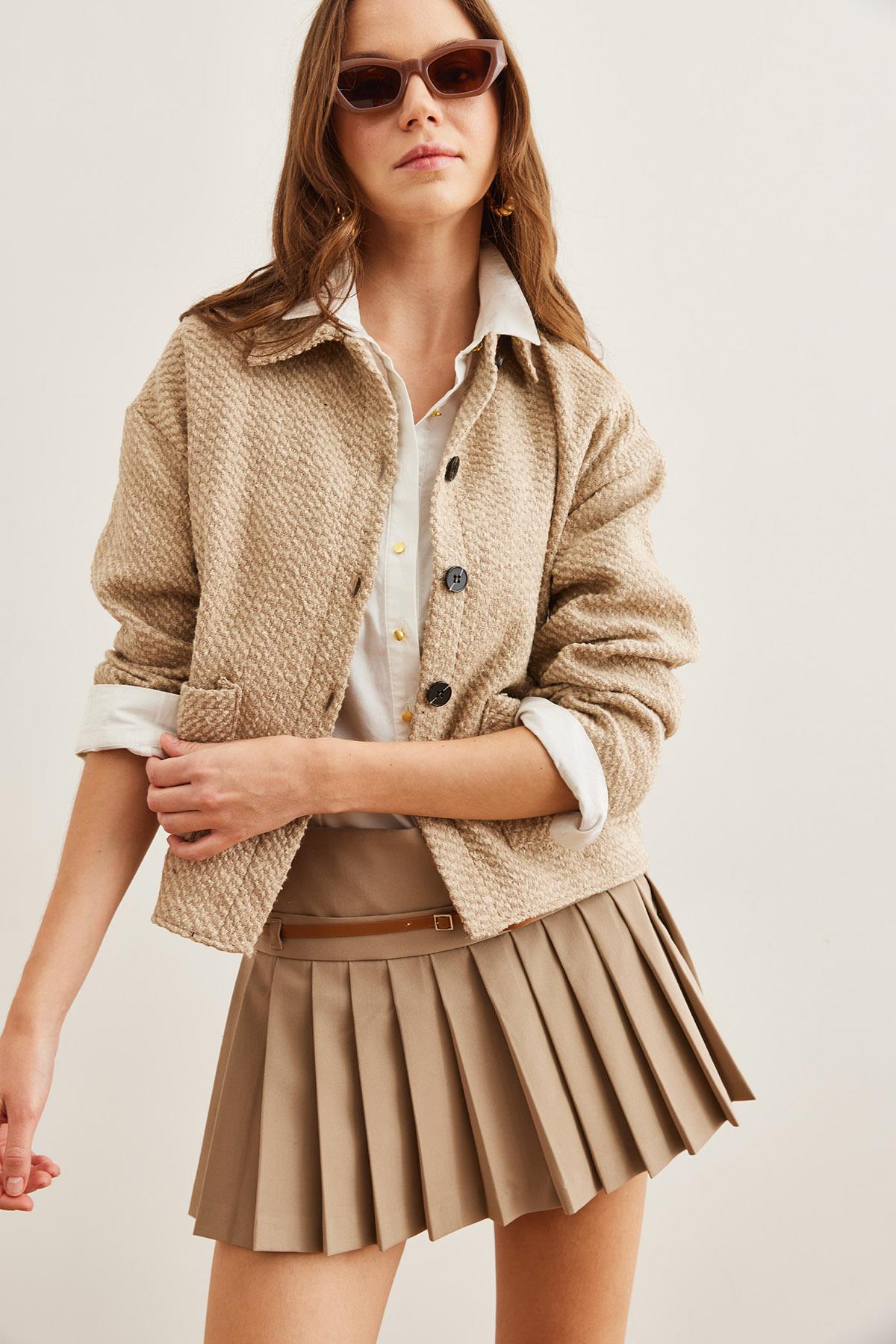 Çift Cepli Kaşe Astarsız Ceket Bej