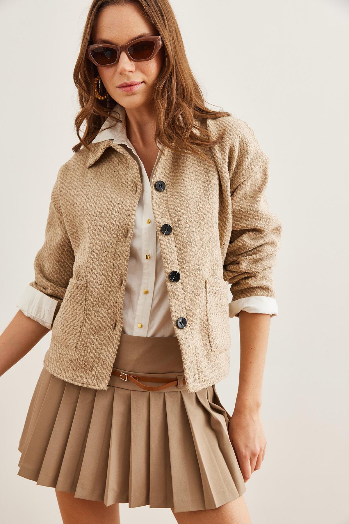 Çift Cepli Kaşe Astarsız Ceket Bej