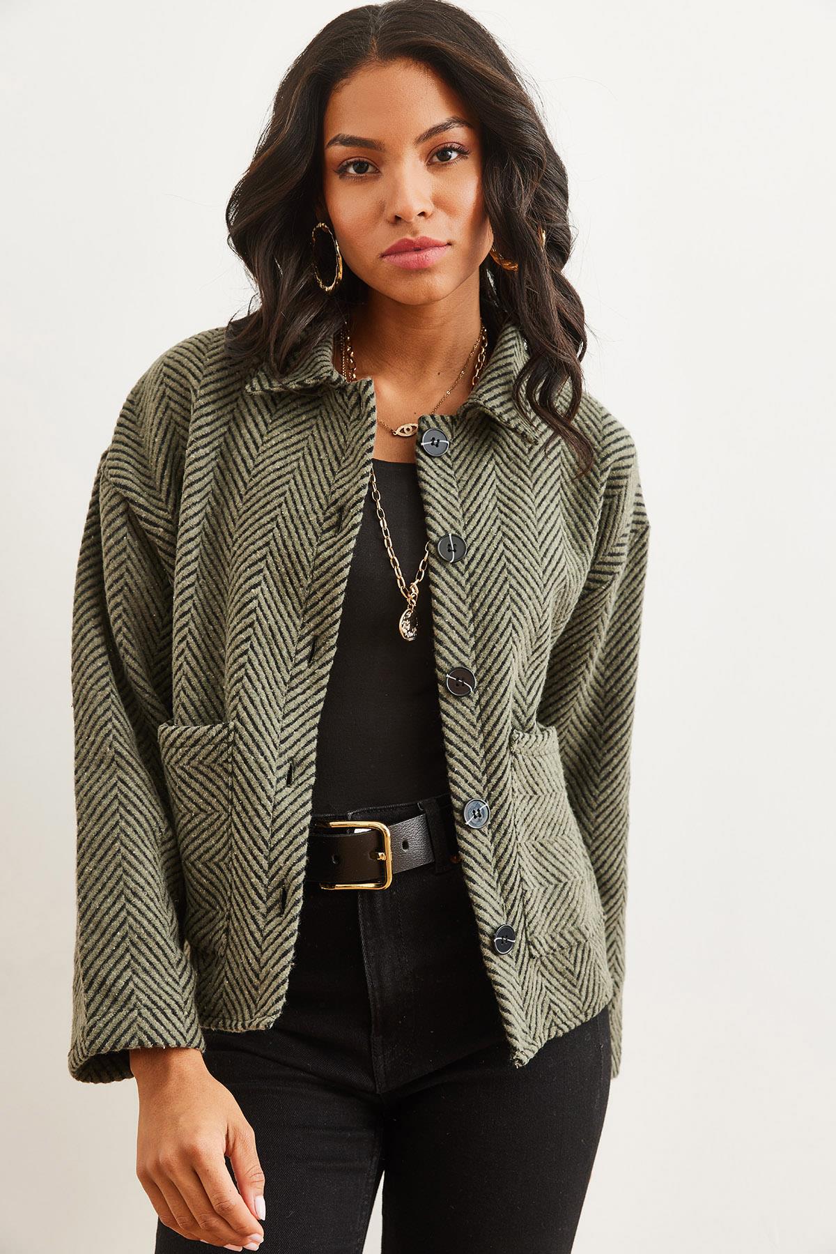 Çift Cepli Kaşe Astarsız Ceket Haki