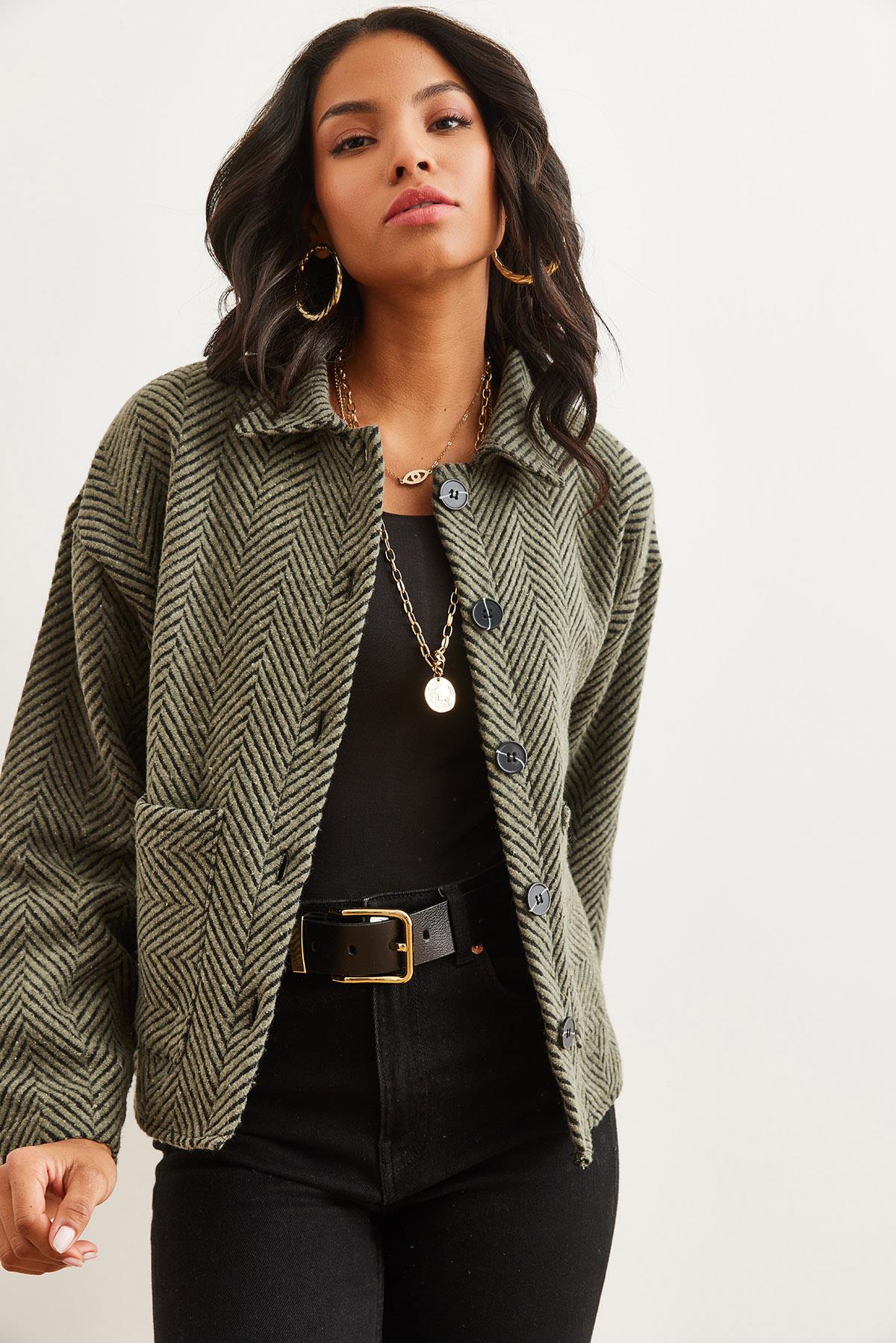 Çift Cepli Kaşe Astarsız Ceket Haki