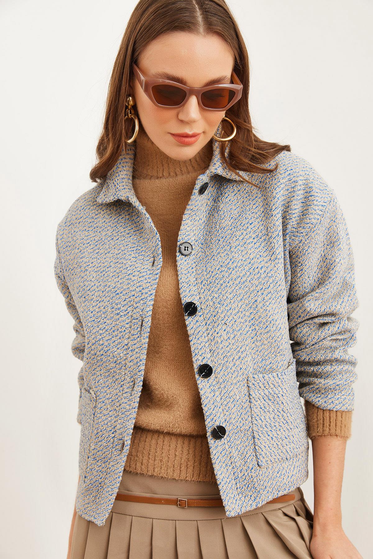 Çift Cepli Kaşe Astarsız Ceket Mavi