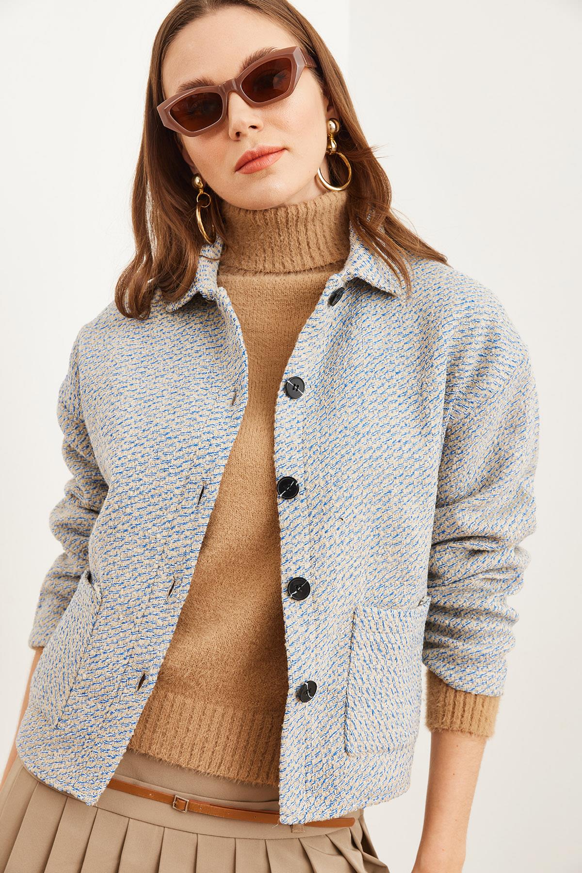 Çift Cepli Kaşe Astarsız Ceket Mavi