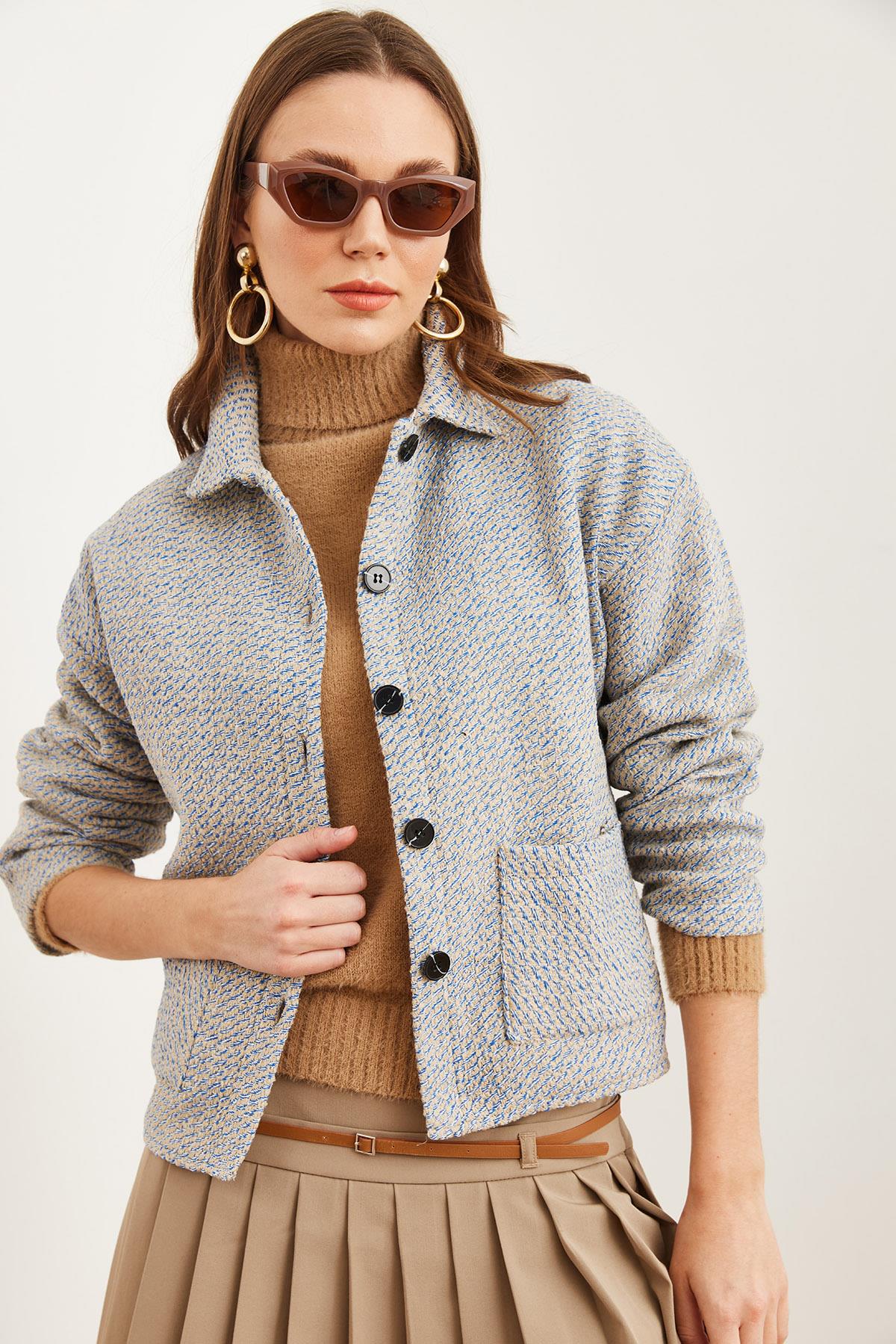 Çift Cepli Kaşe Astarsız Ceket Mavi