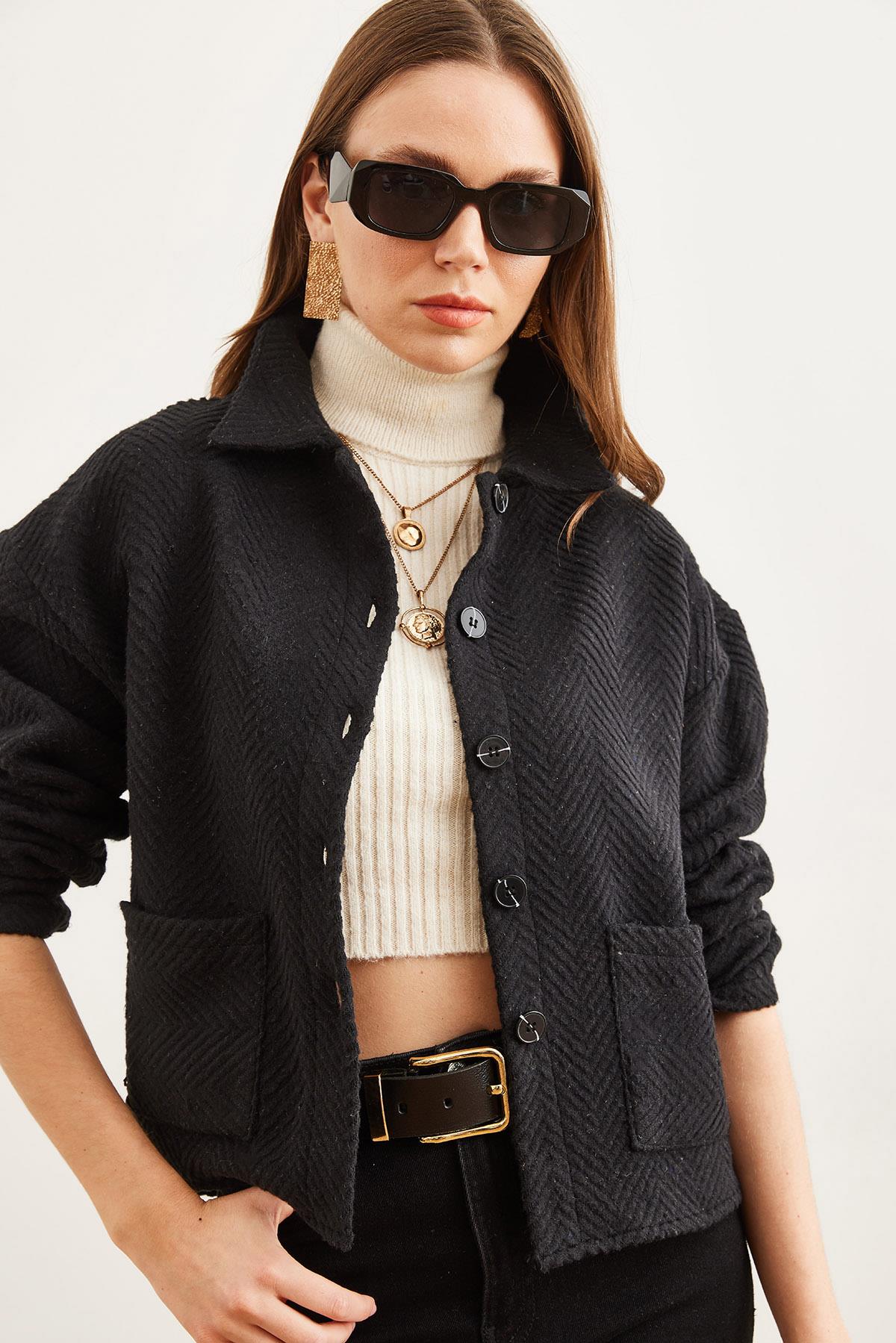 Çift Cepli Kaşe Astarsız Ceket Siyah