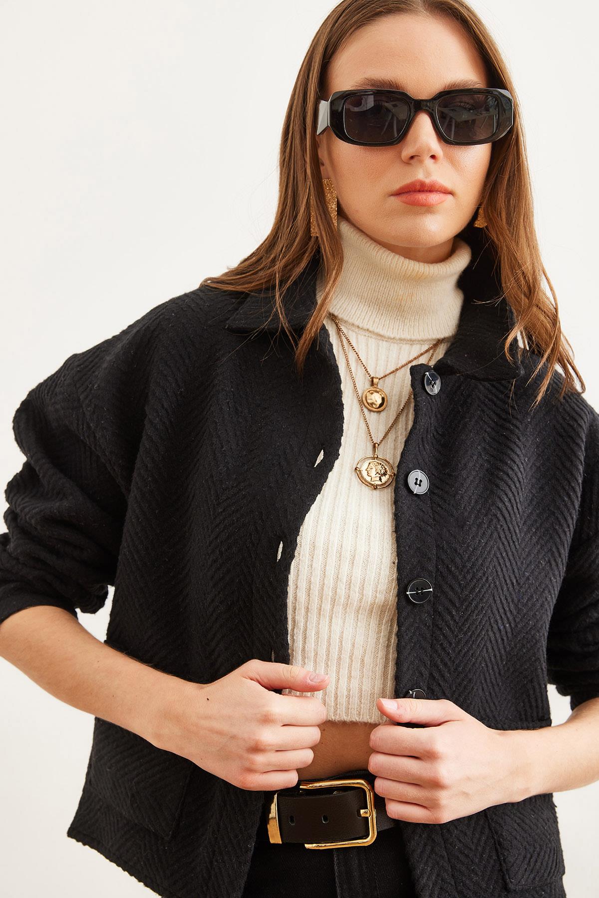 Çift Cepli Kaşe Astarsız Ceket Siyah