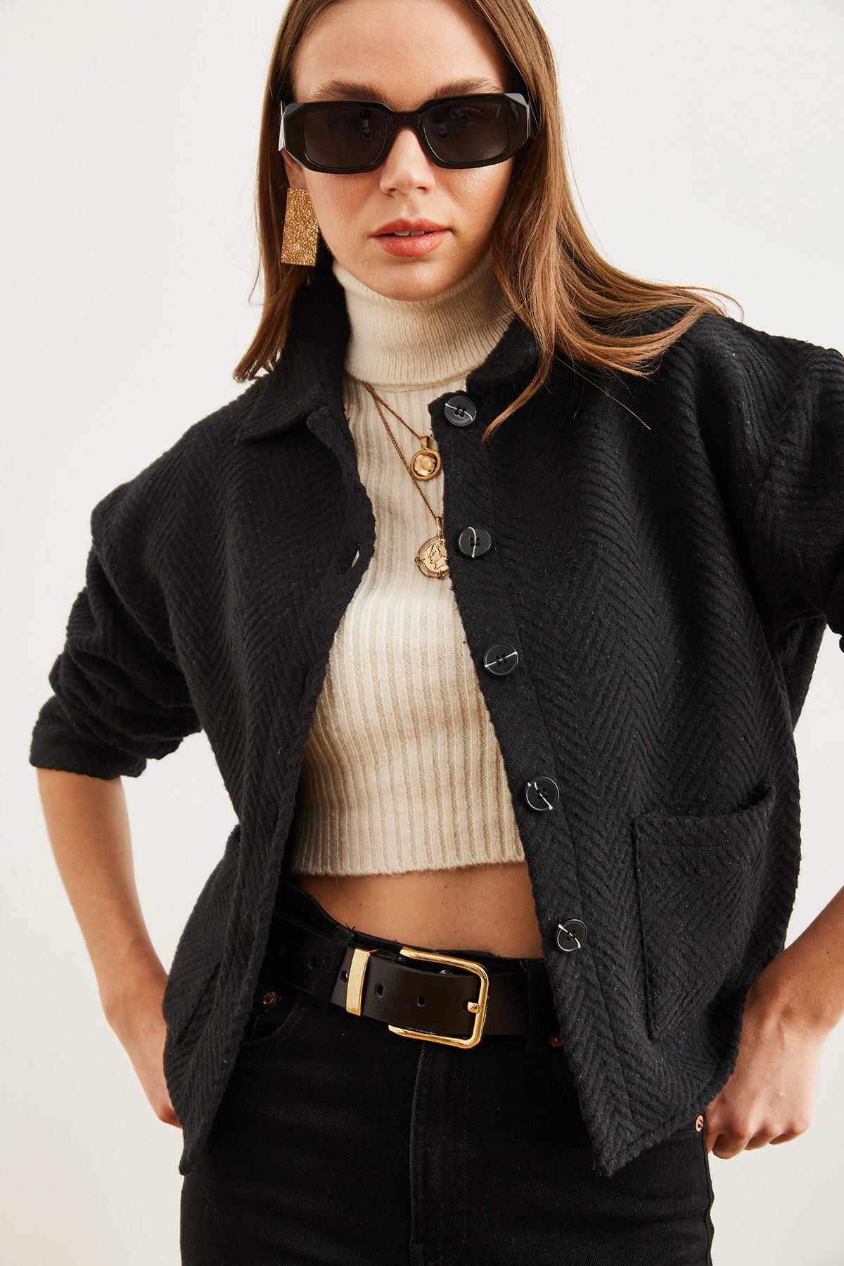 Çift Cepli Kaşe Astarsız Ceket Siyah