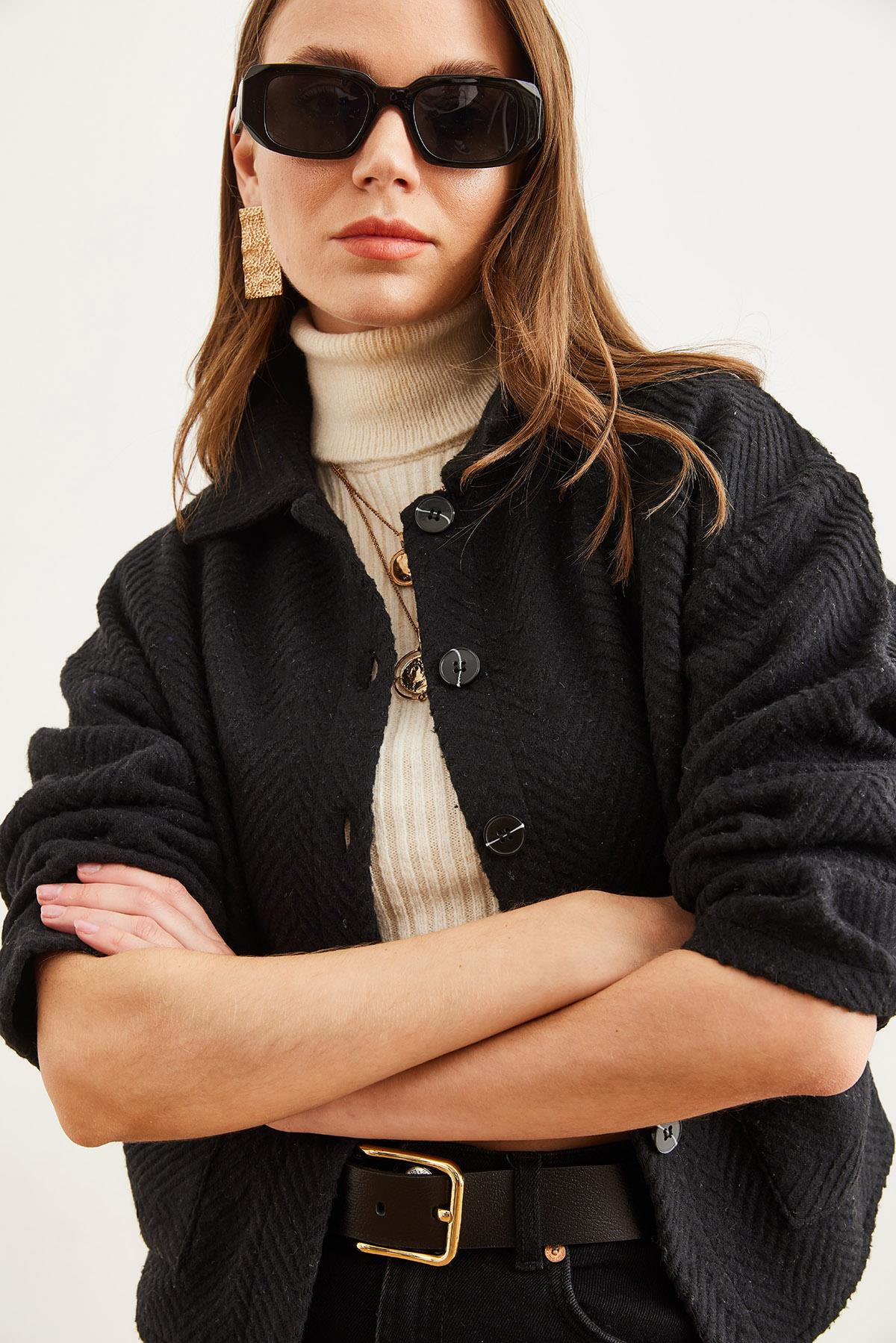 Çift Cepli Kaşe Astarsız Ceket Siyah