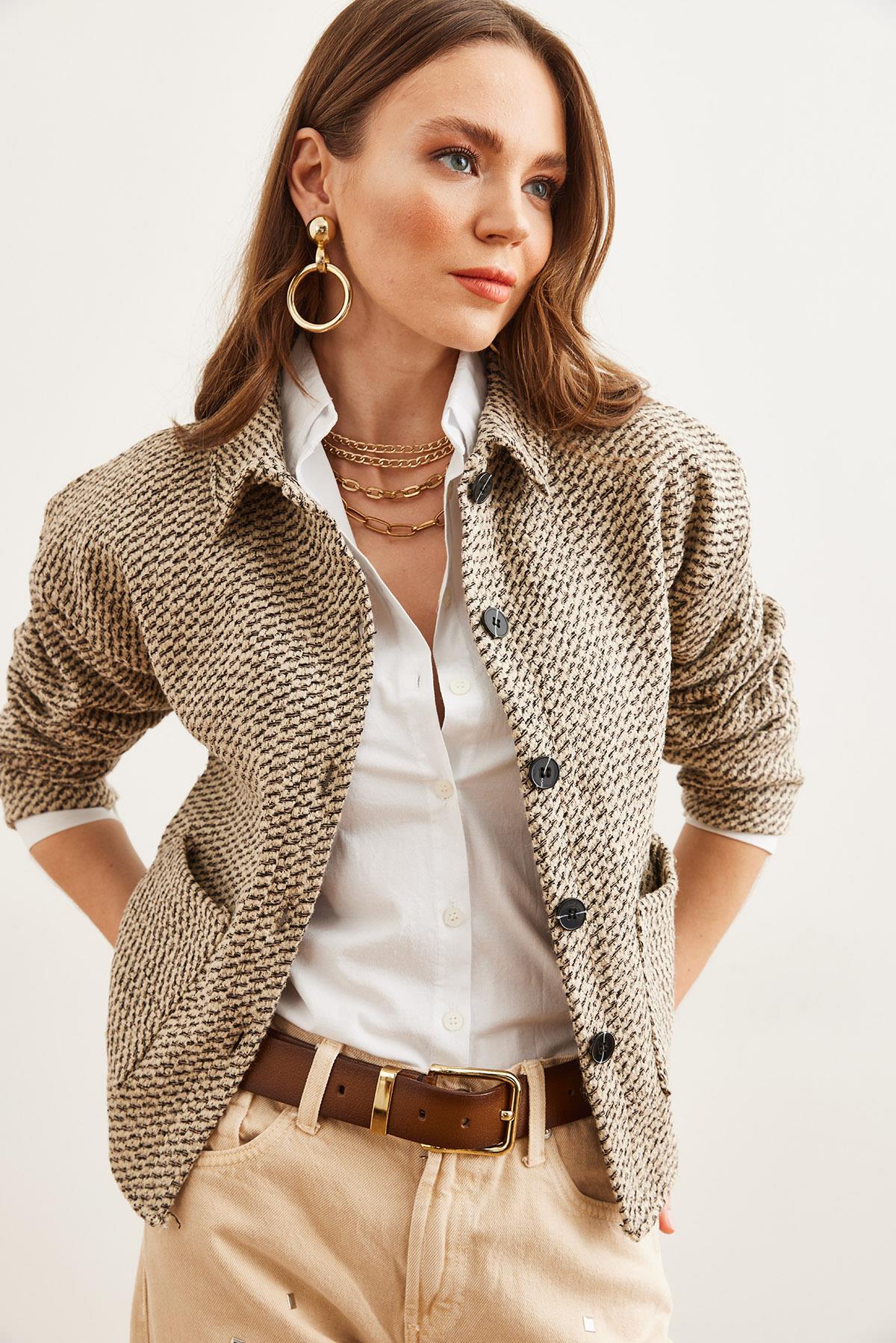 Çift Cepli Kaşe Astarsız Ceket Taş