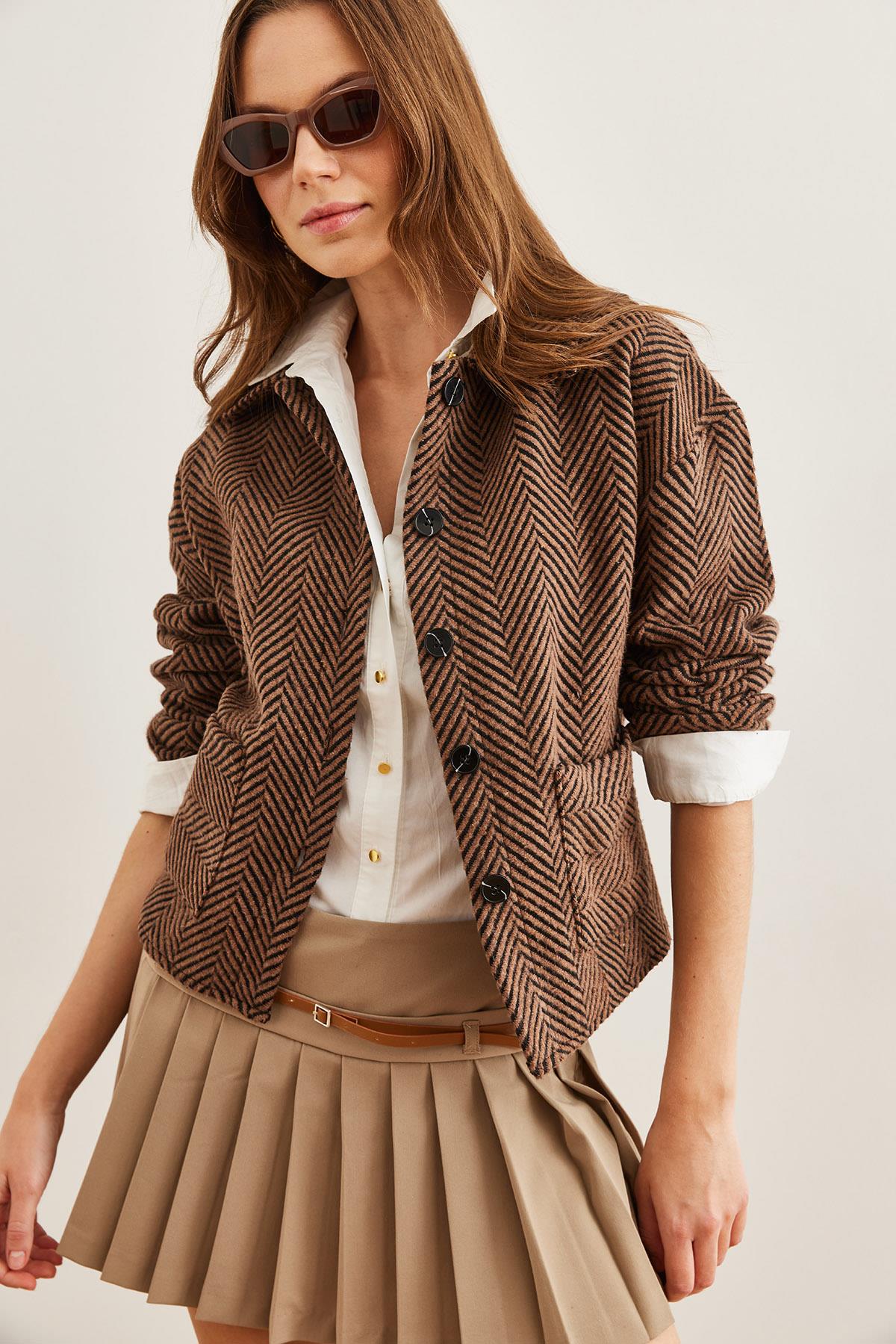 Çift Cepli Kaşe Astarsız Ceket Verev Kahve