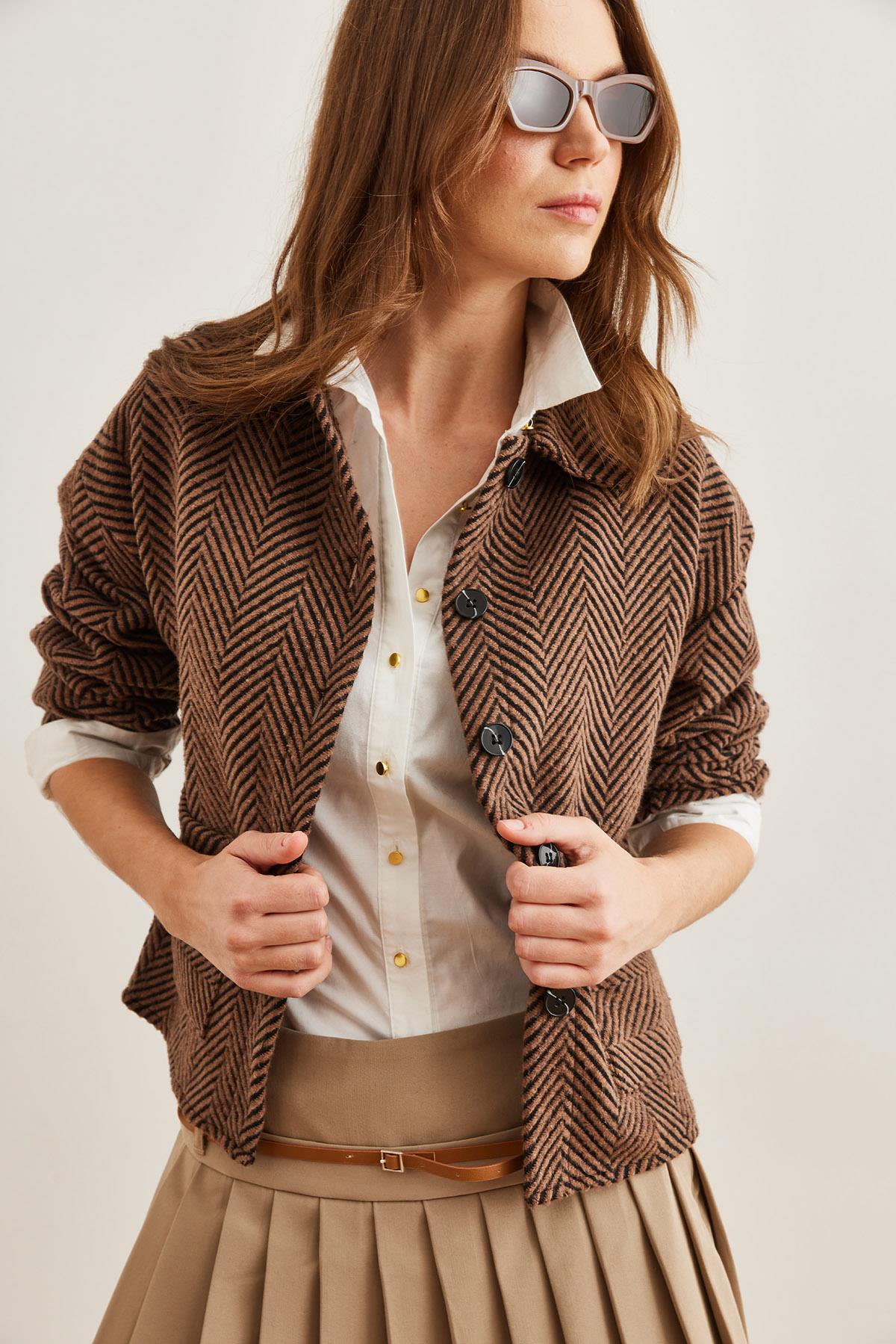 Çift Cepli Kaşe Astarsız Ceket Verev Kahve