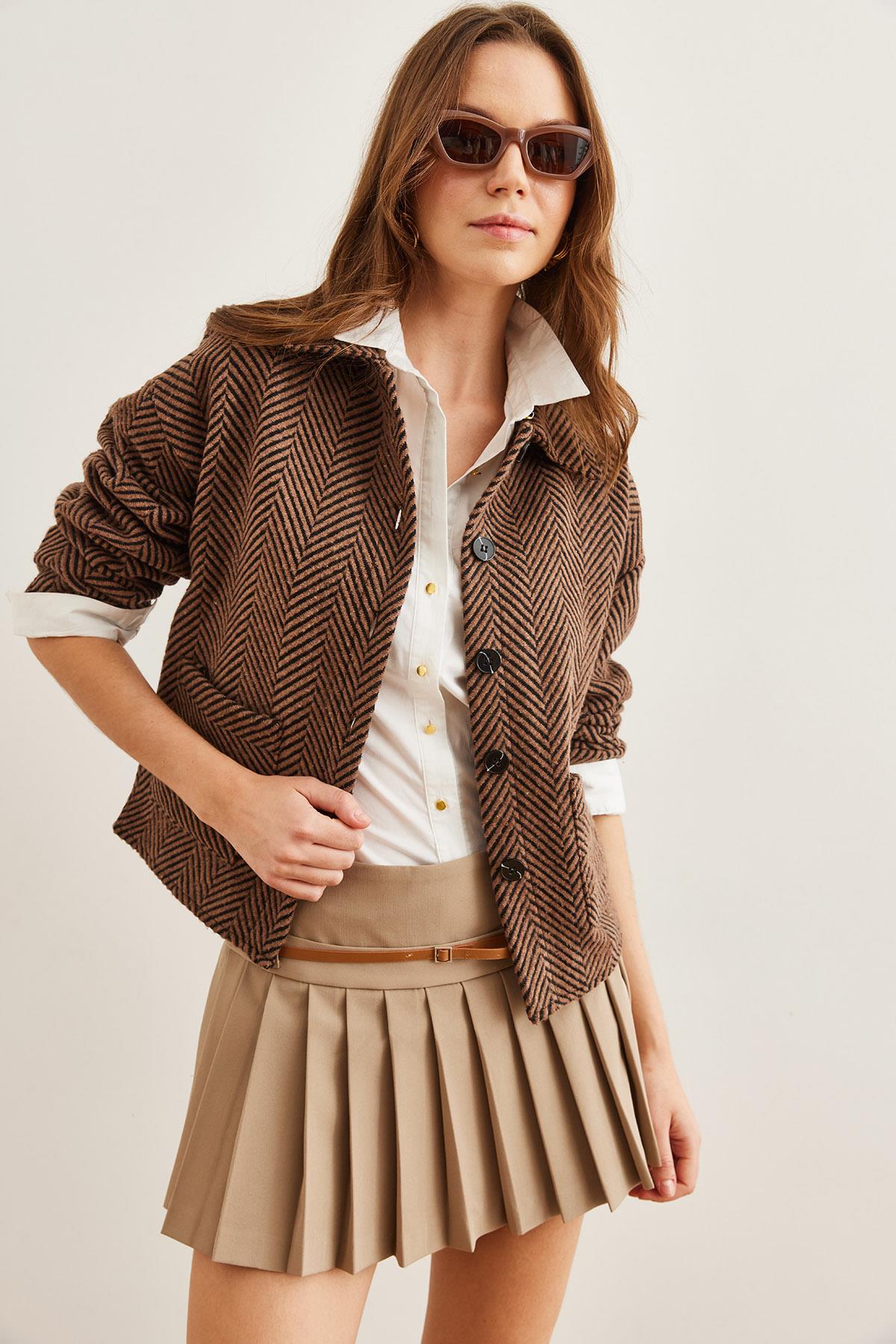 Çift Cepli Kaşe Astarsız Ceket Verev Kahve