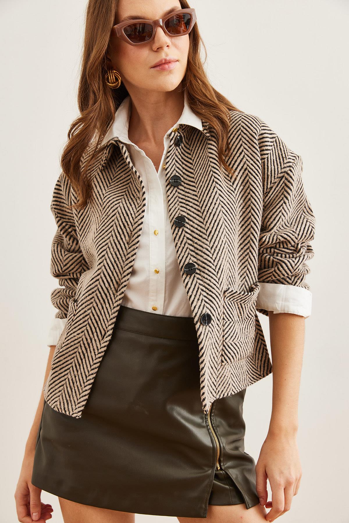 Çift Cepli Kaşe Astarsız Ceket Verev Taş