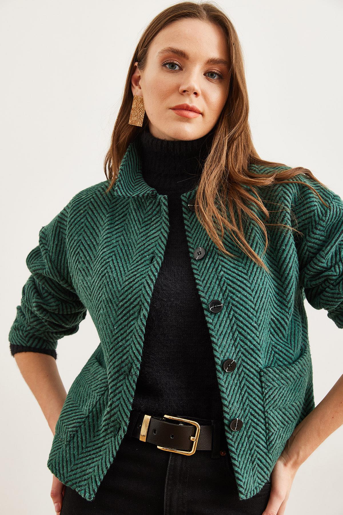 Çift Cepli Kaşe Astarsız Ceket Zümrüt Yeşili