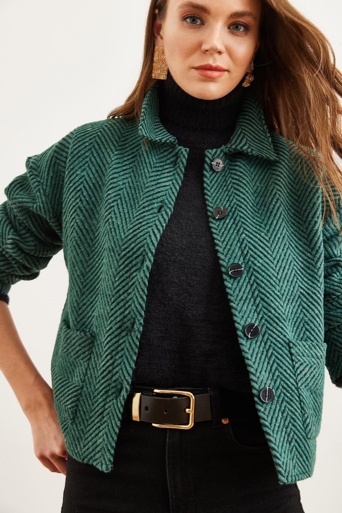 Çift Cepli Kaşe Astarsız Ceket Zümrüt Yeşili