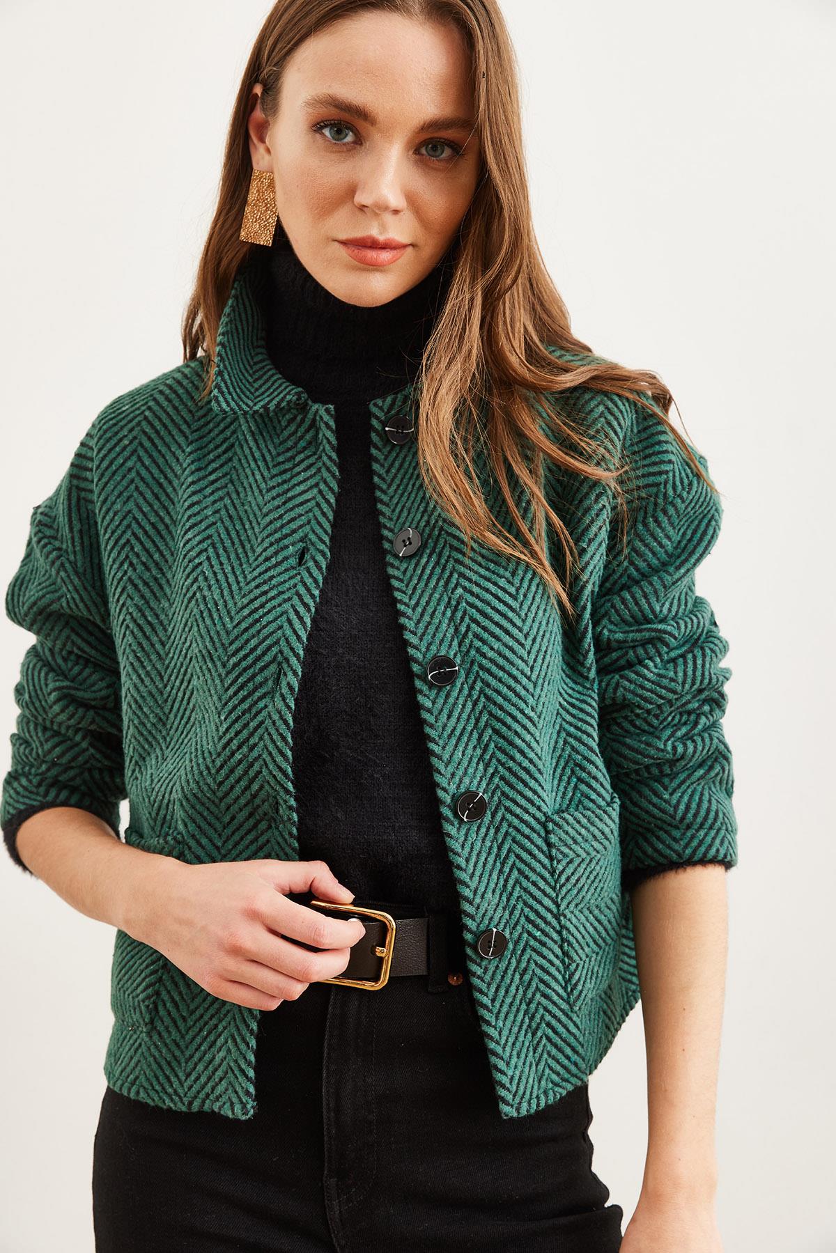 Çift Cepli Kaşe Astarsız Ceket Zümrüt Yeşili