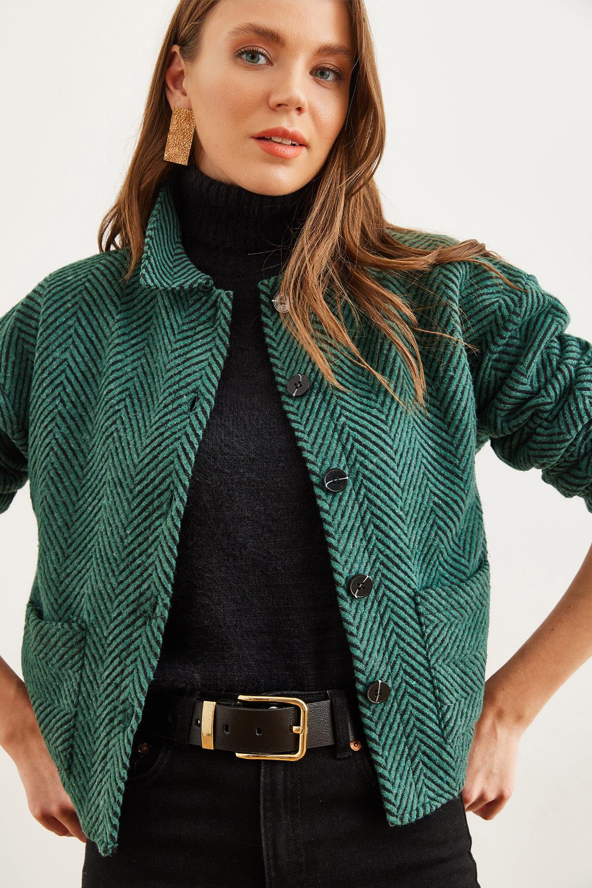 Çift Cepli Kaşe Astarsız Ceket Zümrüt Yeşili