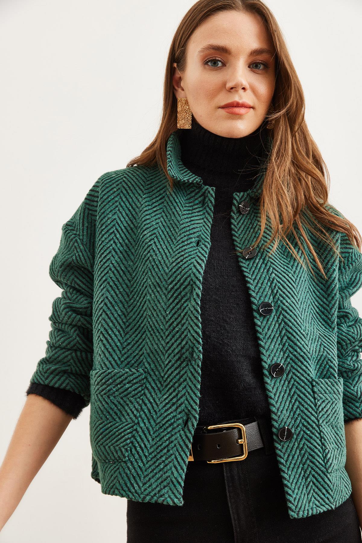 Çift Cepli Kaşe Astarsız Ceket Zümrüt Yeşili