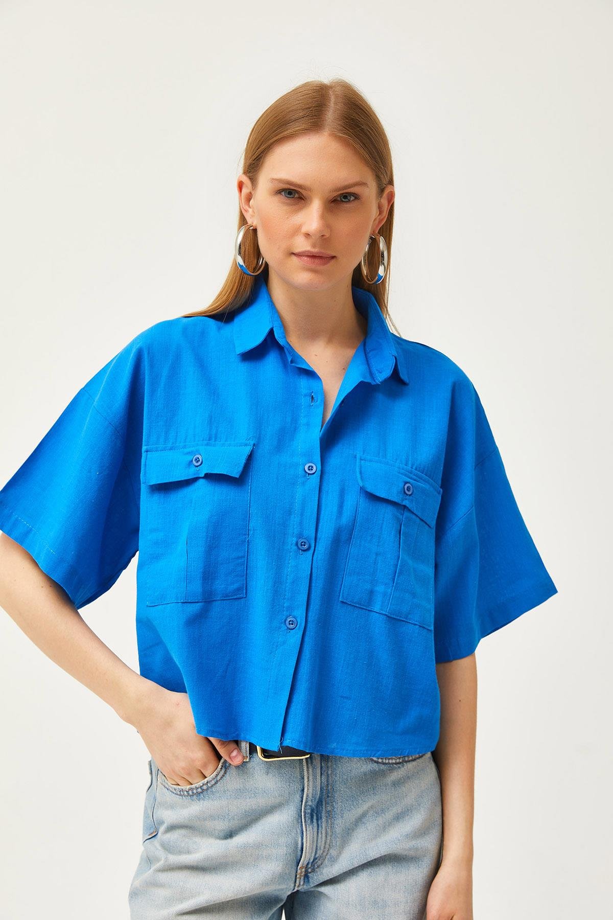 Çift Cepli Oversize Flamlı Crop Gömlek Mavi