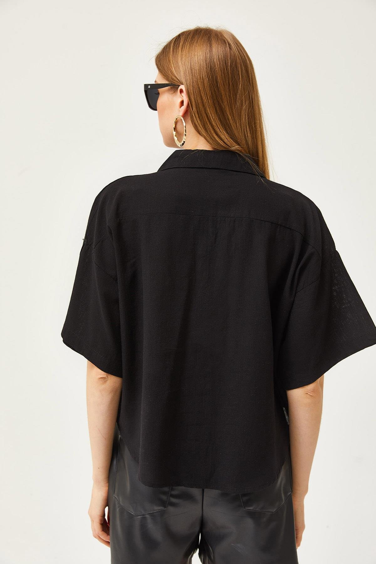 Çift Cepli Oversize Flamlı Crop Gömlek Siyah