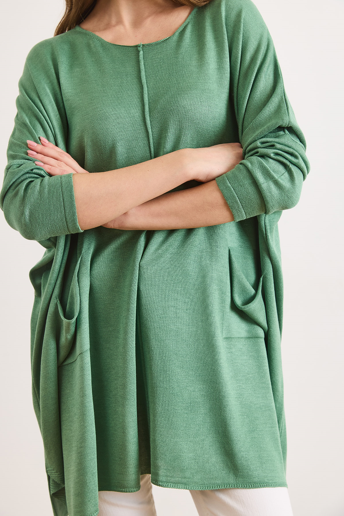 Çift Cepli Oversize Yırtmaçlı Uzun Triko Tunik Yeşil