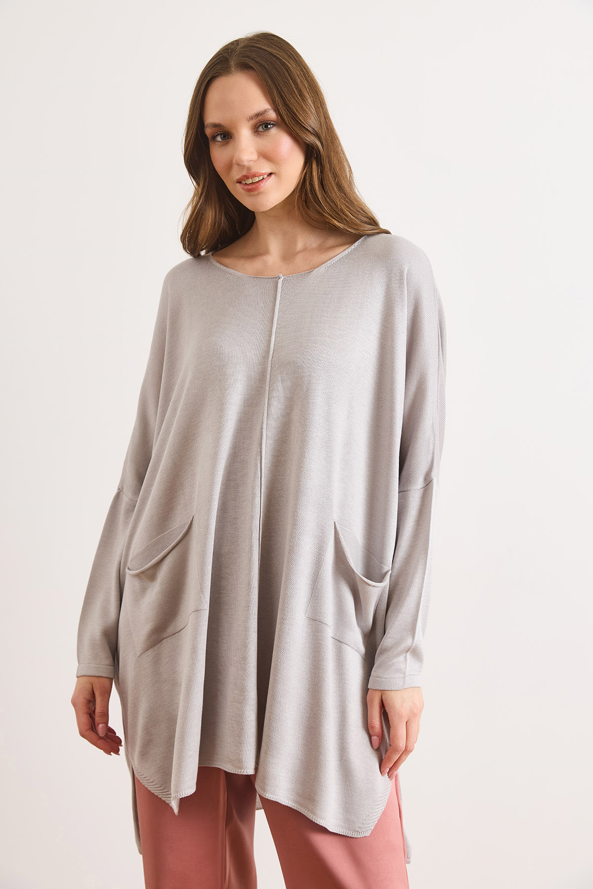 Çift Cepli Oversize Yırtmaçlı Uzun Triko Tunik Gri