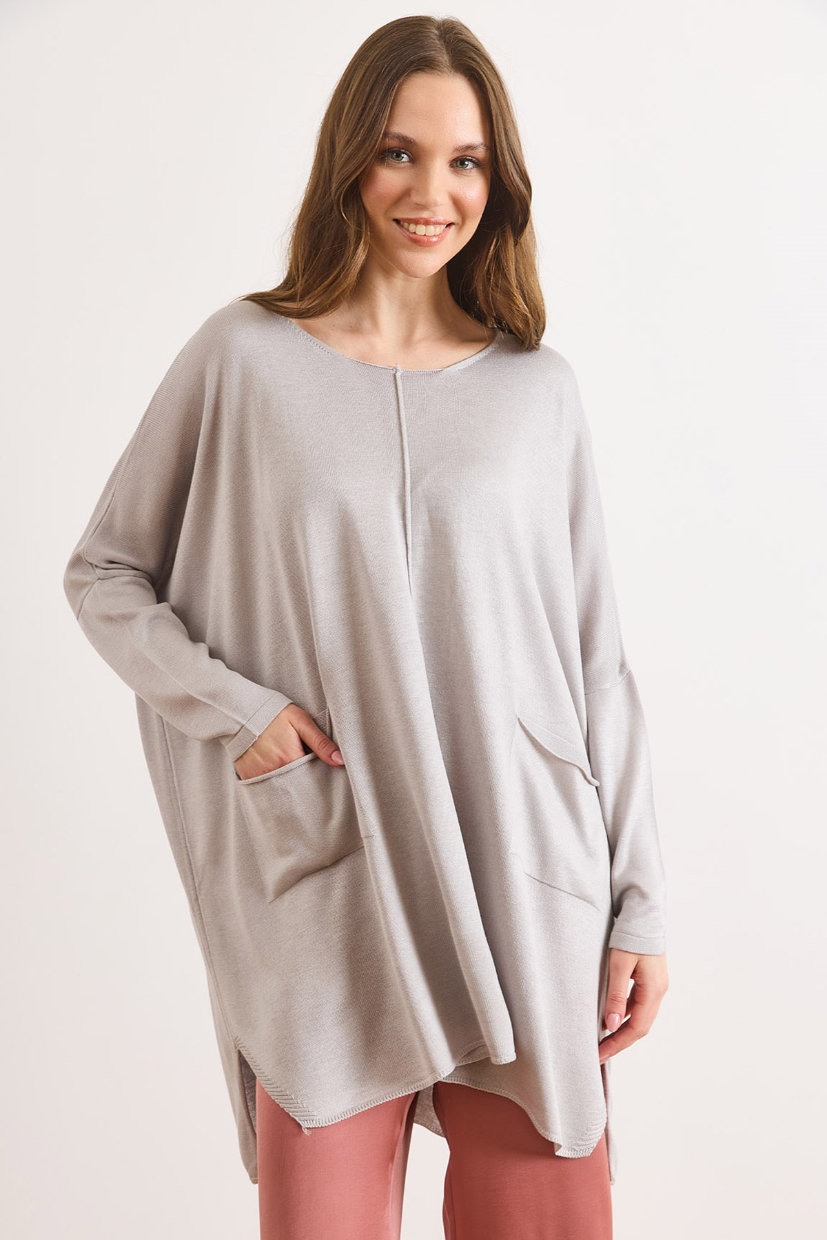 Çift Cepli Oversize Yırtmaçlı Uzun Triko Tunik Gri