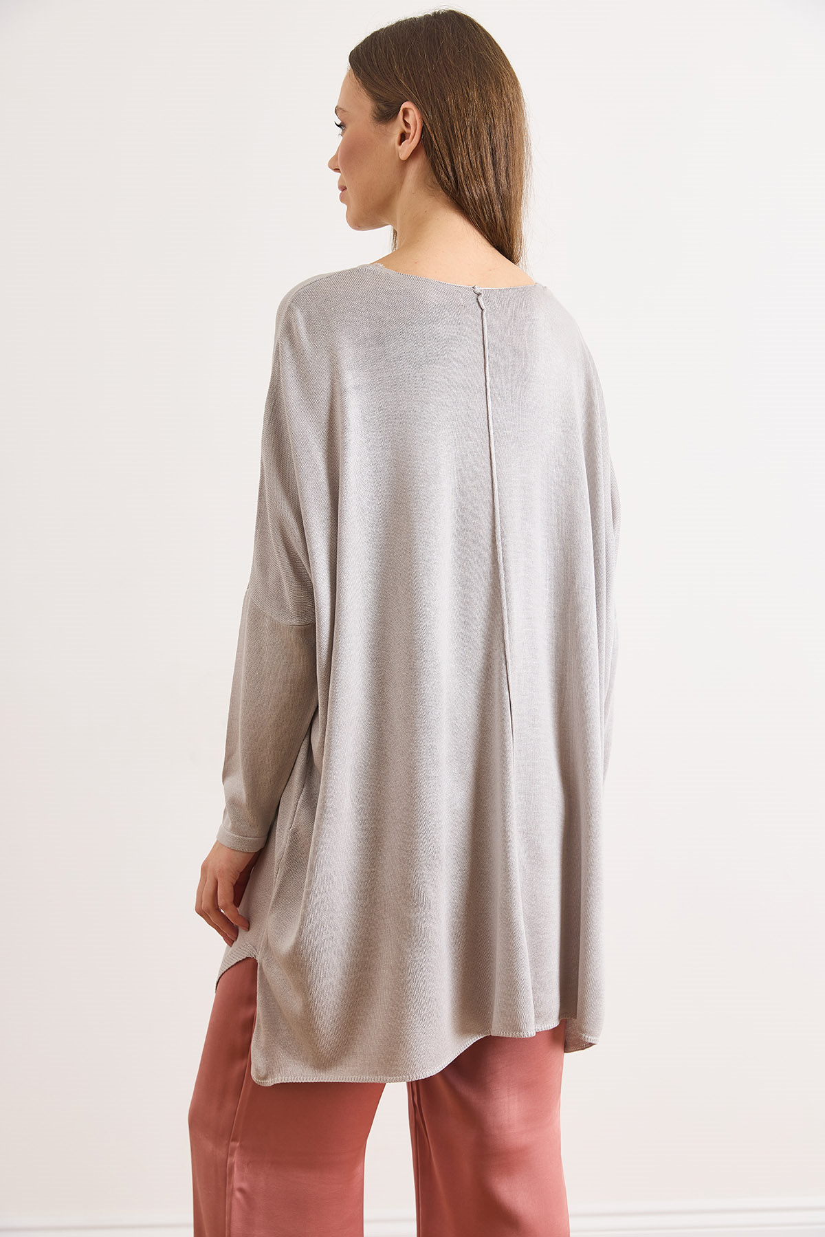 Çift Cepli Oversize Yırtmaçlı Uzun Triko Tunik Gri