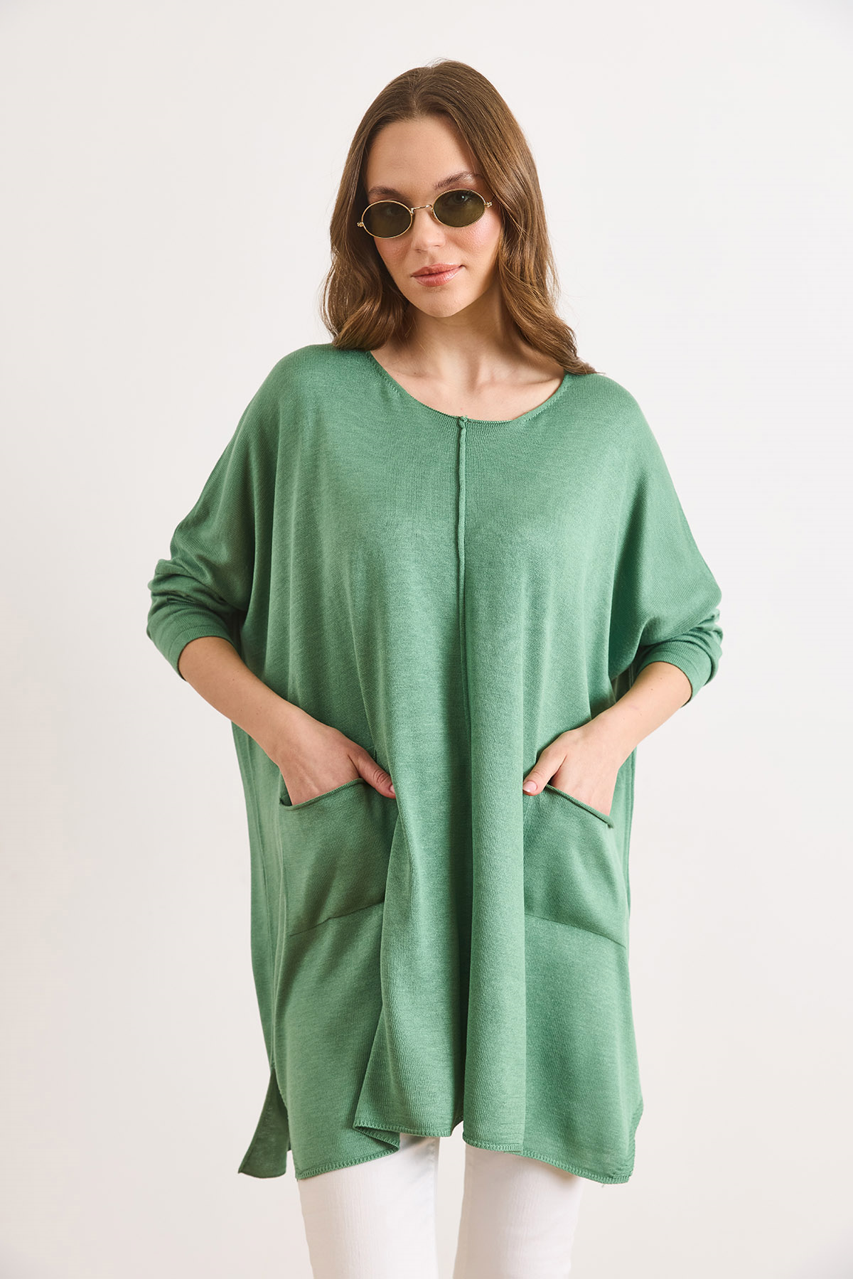 Çift Cepli Oversize Yırtmaçlı Uzun Triko Tunik Yeşil