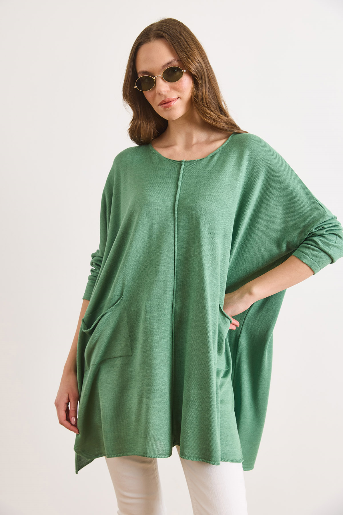 Çift Cepli Oversize Yırtmaçlı Uzun Triko Tunik Yeşil