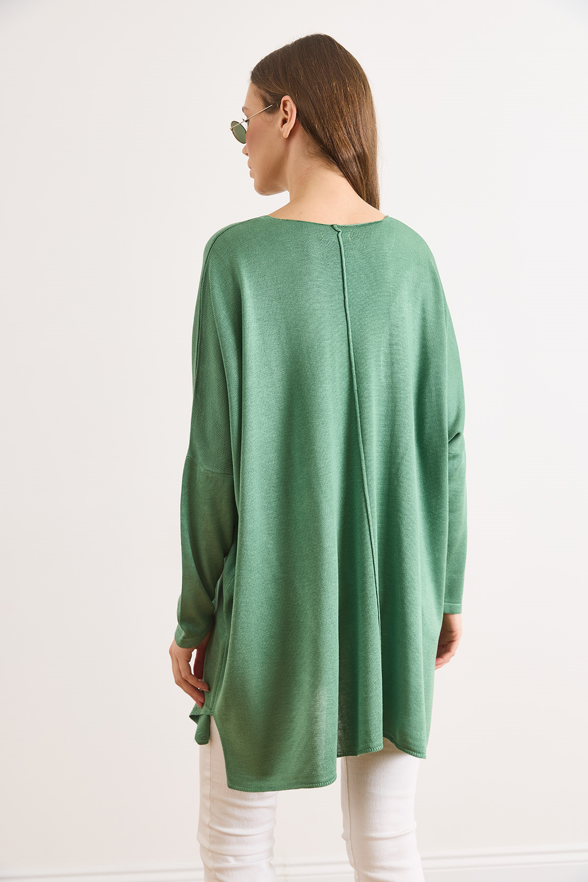 Çift Cepli Oversize Yırtmaçlı Uzun Triko Tunik Yeşil