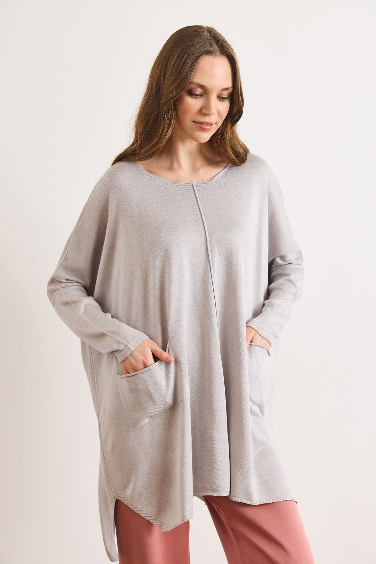 Çift Cepli Oversize Yırtmaçlı Uzun Triko Tunik Gri