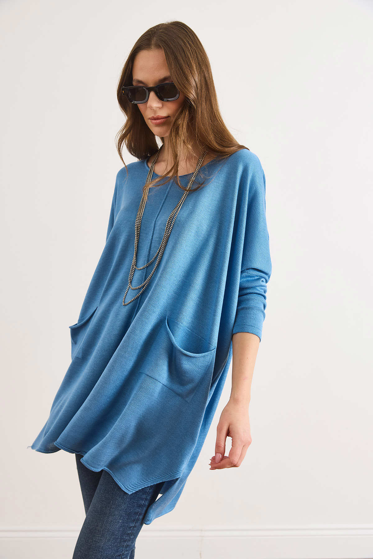 Çift Cepli Oversize Yırtmaçlı Uzun Triko Tunik Mavi