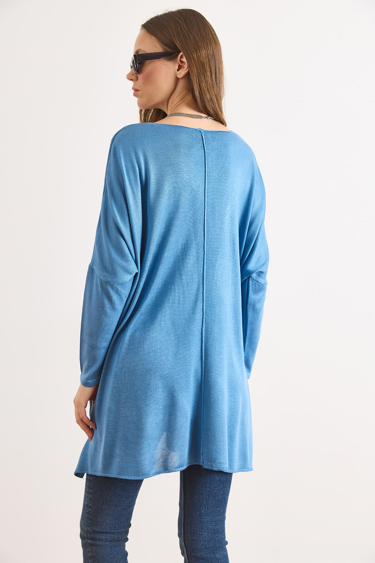 Çift Cepli Oversize Yırtmaçlı Uzun Triko Tunik Mavi