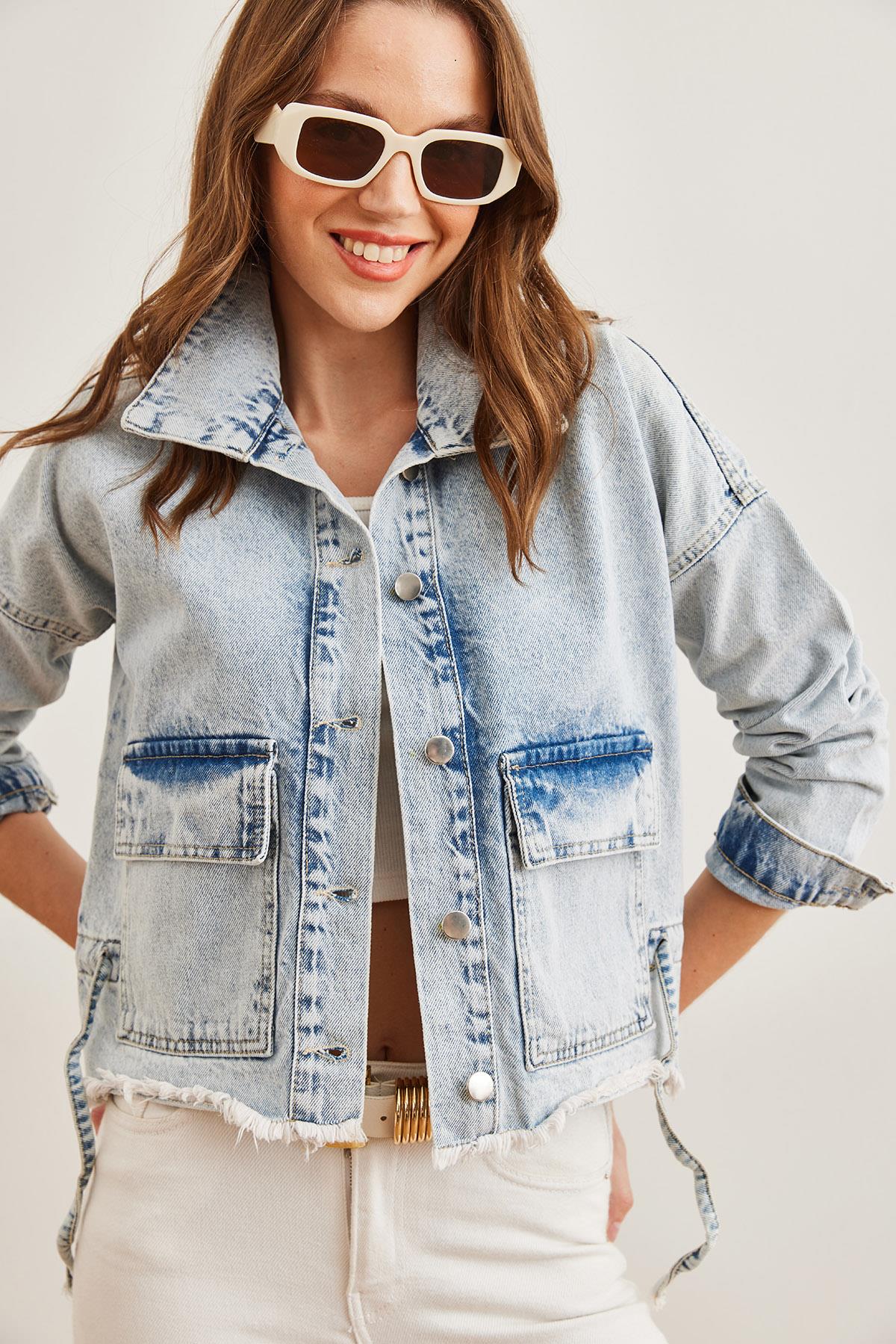 Çift Cepli Püsküllü Denim Ceket Açık Mavi