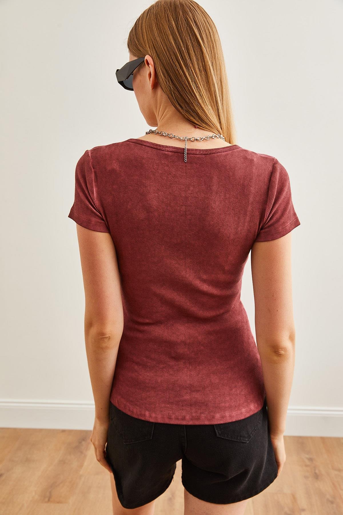 Çıtçıtlı Kaşkorse Bluz Yıkamalı Bordo