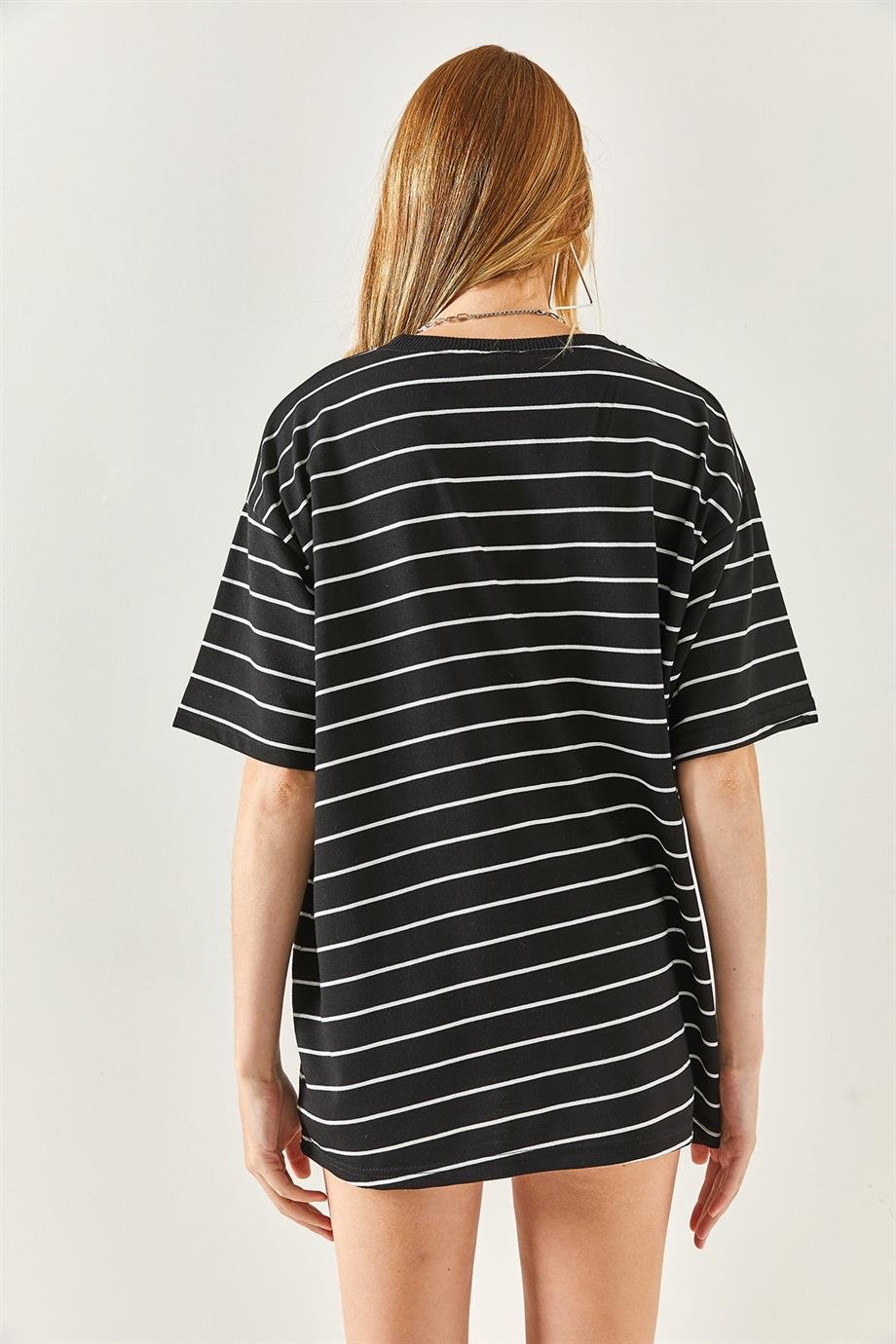 Çizgili 2 İp Oversize Unisex Tişört Siyah