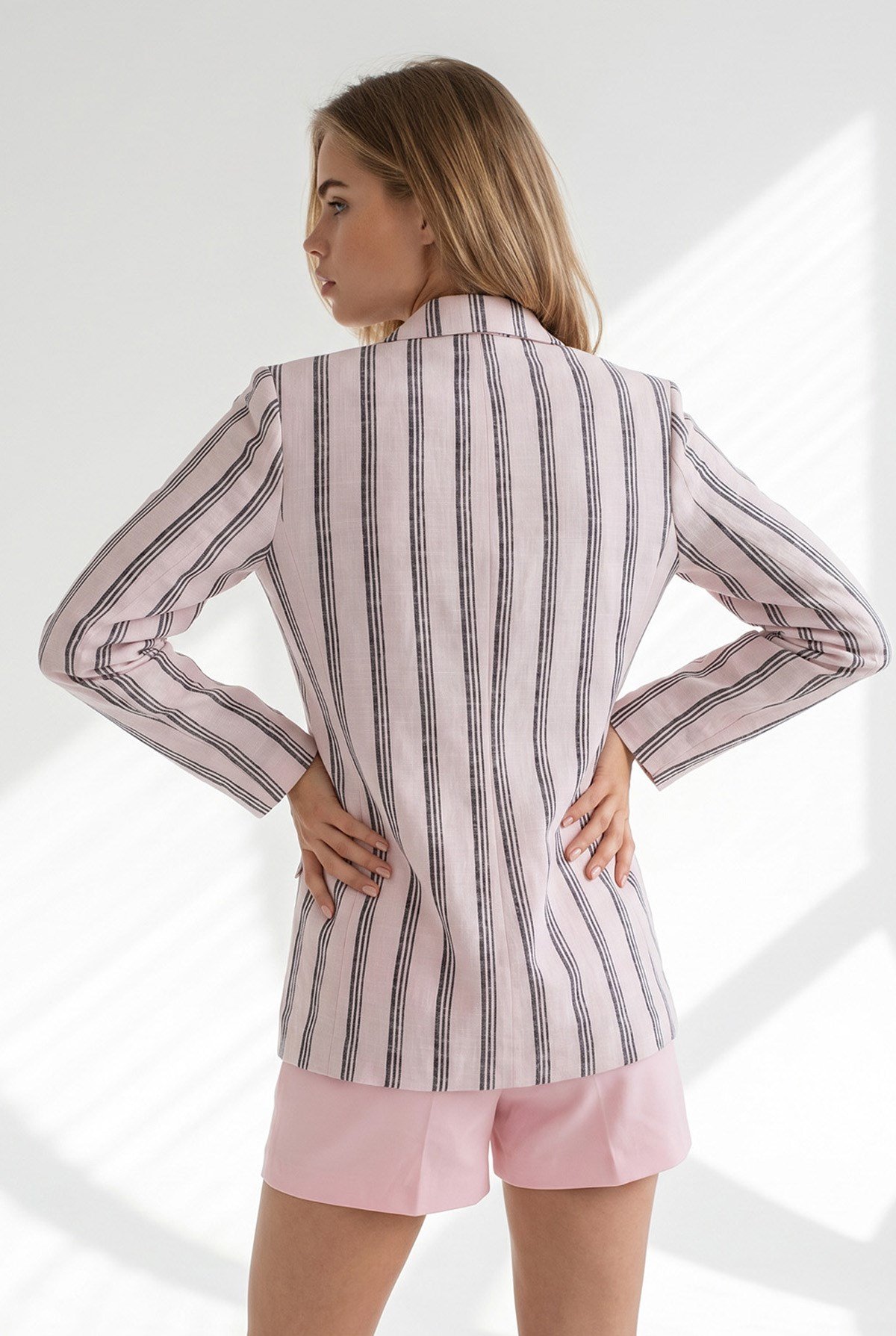 Çizgili Astarlı Keten Blazer Ceket Pudra
