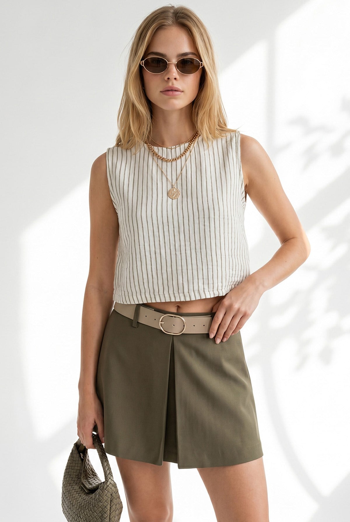 Çizgili Crop Müslin Bluz Ekru Haki