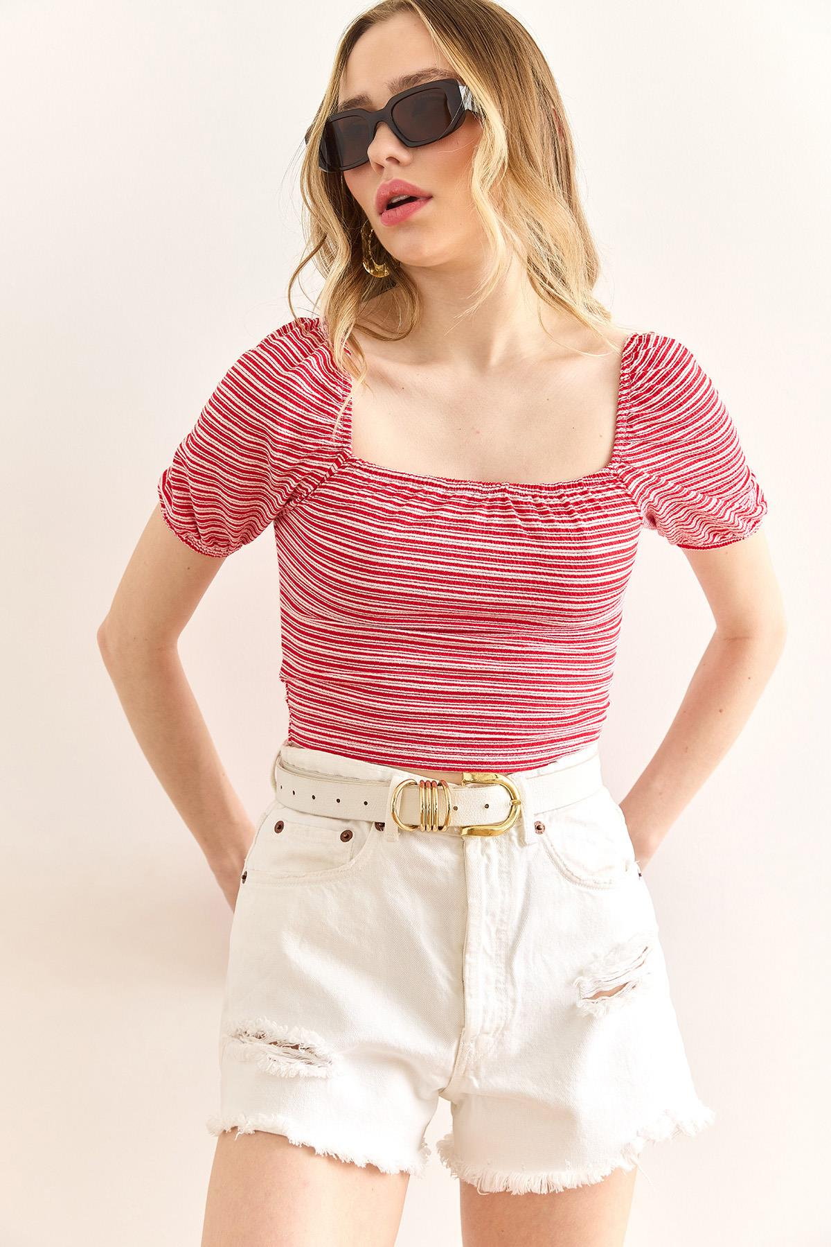 Çizgili Crop Örme Bluz Kırmızı Çizgili